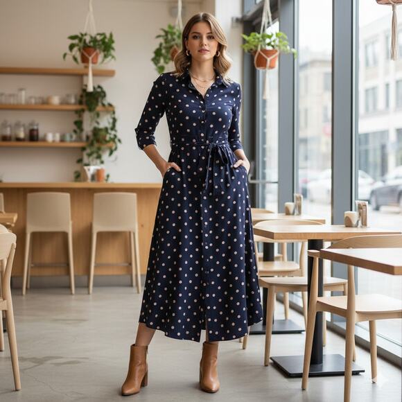 Banana Republic Navy Polka Dot Midi Dress - Picture 1 of 11
